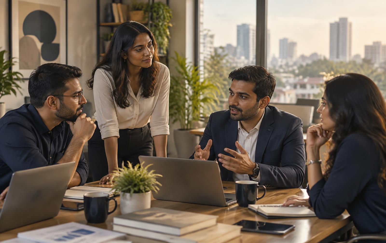 Indian entrepreneurs discussing plans in a sunlit office